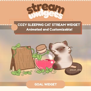 Könnte beinhalten: Digitalgrafik mit einer schlafenden Katze, einer Zaubertrankflasche und einem Holzschild. Der Text lautet "COZY SLEEPING CAT STREAM WIDGET Animated and Customizable!" und "GOAL WIDGET". Die Katze ist hellbraun und weiß.