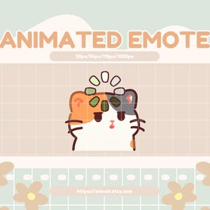 Puede incluir: Emoticono animado de un gato de dibujos animados con un patrón calicó, un icono de carga giratorio sobre su cabeza y el texto "https://arkcat.etsy.com".