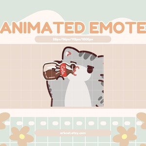 May include: An animated emote featuring a gray tabby cat with dark stripes drinking from a brown glass bottle labeled Cola. The graphic includes the text ANIMATED EMOTE and 28px/56px/112px/1000px, with the URL arkcat.etsy.com at the bottom.