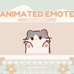 May include: Animated emote of a gray and white cat with brown eyes and a pink nose, waving with its right paw. The cat is on a light brown background with a grid pattern. The text "ANIMATED EMOTE" is at the top of the image in a light orange color.