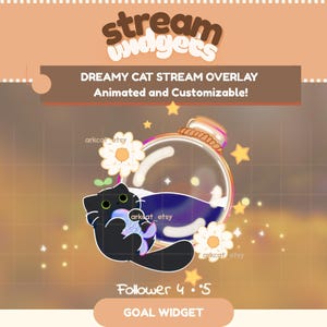 May include: A digital graphic featuring a black cat holding a small fish next to a glass bottle filled with dark blue liquid. The image includes white flowers, yellow stars, and text reading stream widgets, DREAMY CAT STREAM OVERLAY, and GOAL WIDGET.