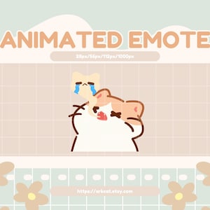 以下が含まれることがあります： 泣いている黄色い猫が頭に乗った、茶色と白の猫のアニメーションエモート。猫は右を見ていて、ピンクの鼻と口をしています。背景は薄い茶色の格子模様です。