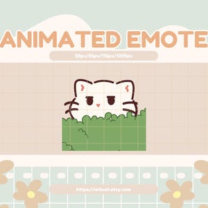 Puede incluir: Un emote animado con un gato blanco asomándose por encima de unos arbustos verdes. El texto "ANIMATED EMOTE" se muestra en la parte superior, con información sobre el tamaño debajo. El fondo tiene un patrón de cuadrícula y detalles florales, con la URL de la tienda Etsy en la parte inferior.