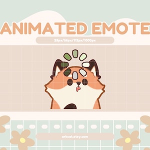 May include: An animated emote featuring a cartoon fox with orange and white fur, brown accents, and a tongue sticking out. The text "ANIMATED EMOTE" is displayed above the fox, with size specifications. The background is a light beige with a grid pattern.