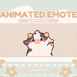 May include: Animated emote of a cute cartoon cow with black and white spots and pink cheeks. The cow is looking to the right and has a surprised expression. The emote is set against a light brown background with a grid pattern.