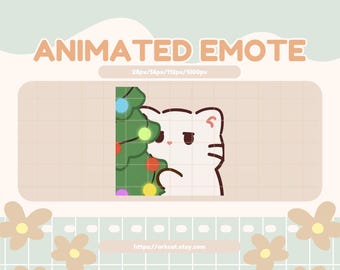 Puede incluir: Un emote animado que presenta un gato blanco con una expresión neutra, interactuando con un árbol de Navidad verde adornado con luces de colores. El texto "ANIMATED EMOTE" se muestra en la parte superior.