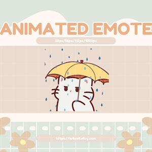 Peut inclure: Émoticône animé d'un chat blanc aux yeux bruns tenant un parapluie jaune avec une bordure orange. Des gouttes de pluie bleues tombent autour du chat.