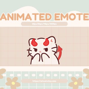 Puede incluir: Emoticono animado de un gato blanco con cuernos de diablo rojos y una cola. El gato tiene una expresión gruñona y se está tapando la boca con las patas.