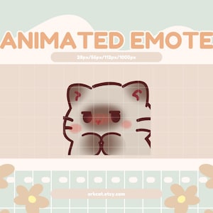 May include: An animated emote featuring a white cat with dark brown ears and a dark brown face mask. The cat has a blushing expression with pink cheeks and is holding its paws together. The text reads ANIMATED EMOTE 28px/56px/112px/1000px.