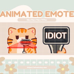 Peut inclure: Emote animé avec un chat tigré orange de dessin animé avec des yeux laser et le mot "IDIOT" sur un panneau. Le fond est beige clair avec un motif quadrillé et des accents floraux.
