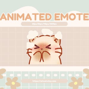 Può includere: Grafica di emote animata con un gatto beige chiaro con espressione frustrata. Il gatto ha gli occhi chiusi, guance rosa e un broncio. Il testo "ANIMATED EMOTE" è in alto, con l'URL del negozio Etsy in basso.