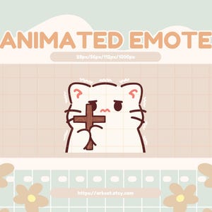May include: Animated emote featuring a white cat character holding a wooden cross, with a worried expression. The text "ANIMATED EMOTE" is displayed in a light orange colour. The background has a grid pattern and floral accents.