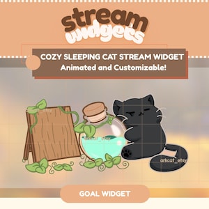 Könnte beinhalten: Digitalgrafik mit einer schlafenden schwarzen Katze, einem Holzschild und einer Zaubertrankflasche. Der Text lautet "COZY SLEEPING CAT STREAM WIDGET Animated and Customizable!" und "GOAL WIDGET". Das Design ist im Cartoon-Stil.