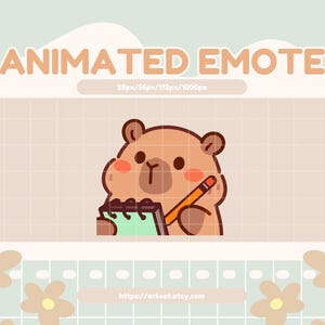 May include: An animated emote featuring a cartoon bear with a notepad and pencil. The bear is brown with pink cheeks, and the notepad is green. The text "ANIMATED EMOTE" is at the top, with the Etsy shop URL at the bottom.