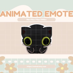 May include: An animated emote featuring a black cat face with large green eyes. The text "ANIMATED EMOTE" is displayed at the top, with sizing information below. The background has a grid pattern and floral accents. The Etsy shop URL is at the bottom.