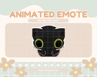 May include: An animated emote of a black cat face with large green eyes. The text "ANIMATED EMOTE" is displayed at the top, with sizing information below. The background has a grid pattern and floral accents. The Etsy shop URL is at the bottom.