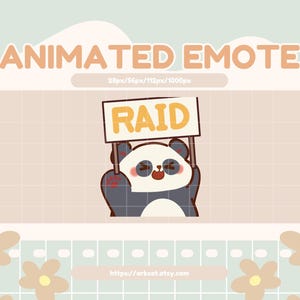 May include: Animated emote featuring a panda holding a sign that says "RAID". The panda is black, white, and gray with a smiling expression. The background is a light beige with a grid pattern and decorative flowers.