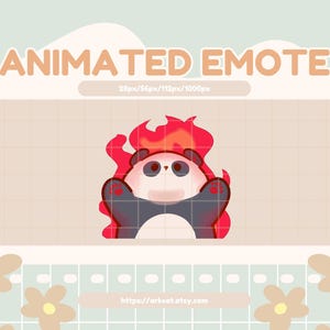 May include: An animated emote of a panda with red flames, set against a grid pattern. The panda has a white face and black ears. The text "ANIMATED EMOTE" is at the top. The image also includes the Etsy shop URL.