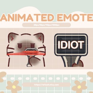 Puede incluir: Emoticón animado con un gato de dibujos animados con un rayo láser rojo y un letrero que dice "IDIOT". El fondo es de color beige claro con un patrón de cuadrícula y detalles florales. El texto "ANIMATED EMOTE" está en la parte superior.