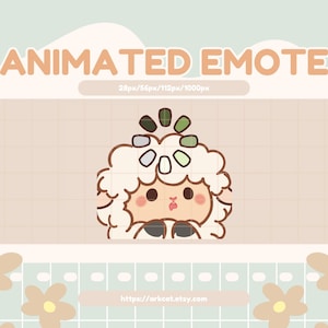 Peut inclure: Une émoticône animée représentant un mouton mignon avec une laine blanche et duveteuse, un nez rose et une expression espiègle. Le texte "ANIMATED EMOTE" est affiché en marron clair, avec l'URL de la boutique.