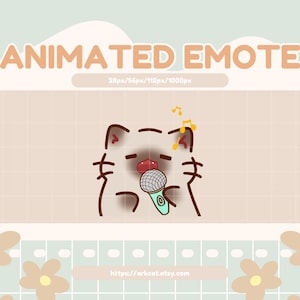 May include: Animated emote of a brown cat singing into a microphone with a light blue body and a gray grill. The cat has a red mouth and closed eyes. Musical notes are above the cat's head.