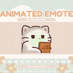May include: An animated emote featuring a white cat with black outlines, holding a brown object. The text "ANIMATED EMOTE" is displayed at the top, with size specifications. The background is a soft pastel color scheme with floral accents and the Etsy shop URL.