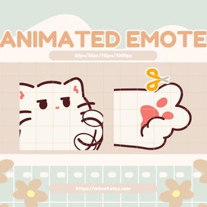 May include: Animated Emote graphic featuring a white cat and a cat paw. The cat has a grumpy expression. The paw has pink paw pads and is being cut with yellow scissors. The text "ANIMATED EMOTE" is at the top.