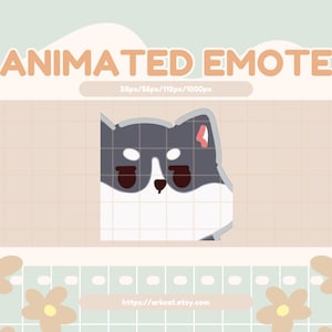 May include: An animated emote featuring a stylized Shiba Inu dog with a black and gray coat, brown eyes, and a white muzzle. The text "ANIMATED EMOTE" is displayed in orange above the dog. The background is a light beige with a grid pattern.