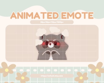 May include: Animated emote of a grey raccoon with red cheeks and eyes, framed by white cloud accents. The orange text reads "ANIMATED EMOTE", with the Etsy shop URL at the bottom. The background uses a soft pastel colour scheme.