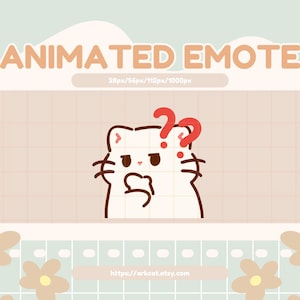 May include: Animated emote of a white cat with brown eyes and a red question mark above its head. The cat is looking to the right and has its paw on its chin, as if thinking. The background is a light brown grid.