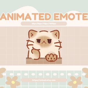 Può includere: Un'emote animata con un gatto dei cartoni animati arrabbiato, nei toni del marrone e del crema. Il testo "ANIMATED EMOTE" è visualizzato in alto. L'URL del negozio Etsy è visibile in basso.