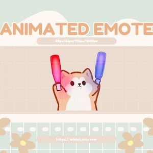 Puede incluir: Un emote animado con un perro Shiba Inu de dibujos animados sosteniendo un sable de luz rojo y azul. El fondo es de color beige claro con las palabras "ANIMATED EMOTE" en naranja. La imagen tiene un patrón de cuadrícula y detalles florales.