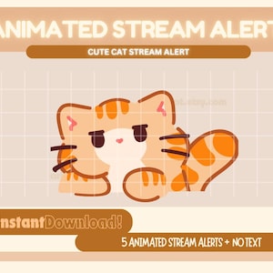 Op de afbeelding: Geanimeerde stream-alert met een schattige oranje en witte kat met gesloten ogen en een chagrijnige uitdrukking. De kat zit op een lichtbruine rasterachtergrond met de tekst "Direct downloaden!" en "5 Geanimeerde stream-alerts + geen tekst" onder de kat.