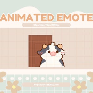 May include: Animated emote of a black and white cow peeking out from behind a brown door. The cow has a pink nose and a friendly expression.