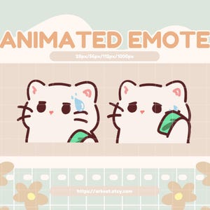 May include: Animated emote of a white cat with pink ears and a green phone. The cat has a worried expression and a single blue teardrop on its cheek. The emote is available in various sizes, including 28px, 56px, 112px, and 1000px.