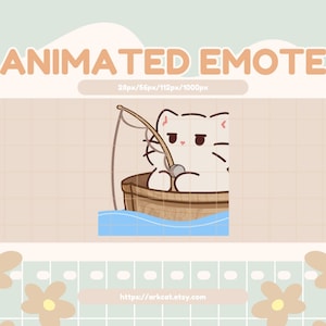 May include: An animated emote featuring a white cat fishing from a wooden boat. The cat has a stern expression and is holding a fishing rod. The background is a light beige with the words "ANIMATED EMOTE" in orange.