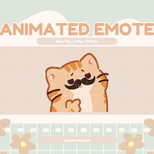 May include: An animated emote featuring a cartoon cat with orange fur and black stripes, sporting a dark mustache. The text "ANIMATED EMOTE" is displayed above the cat, with size specifications. The background is a soft beige with a grid pattern.