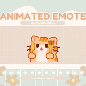 Könnte beinhalten: Animiertes Emoji einer orangefarbenen Cartoon-Katze, die ein Messer und eine Gabel hält, mit einem überraschten Ausdruck. Die Katze befindet sich vor einem hellbraunen Hintergrund mit einem Gittermuster.