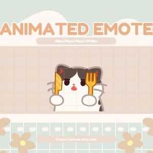 Könnte beinhalten: Grafik für animierte Emotes mit einer Cartoon-Katze, die ein Messer und eine Gabel hält, vor einem beigen Hintergrund mit einem Rastermuster. Der Text "ANIMATED EMOTE" wird oben angezeigt, mit der Etsy-Shop-URL unten.