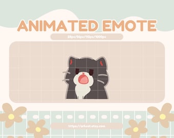 May include: An animated emote graphic featuring a gray cat with a white chest and open mouth. The text "ANIMATED EMOTE" is at the top, with dimensions listed below. The background is a light beige with a grid pattern, and floral accents at the bottom.