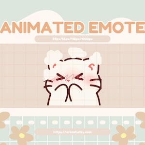 May include: An animated emote of a white cat with closed eyes and blushing cheeks. The text "ANIMATED EMOTE" is displayed in a peach colour, along with the Etsy shop URL. The background has a grid pattern and floral accents.
