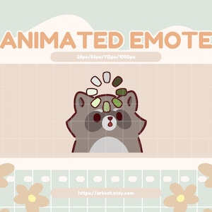 Może przedstawiać: Animowany emotka przedstawiająca kreskówkowego szopka z zielonym, brązowym i białym kółkiem ładowania nad głową. Szop ma zaskoczony wyraz twarzy z otwartymi ustami i szeroko otwartymi oczami. Tło to jasnobrązowa siatka.