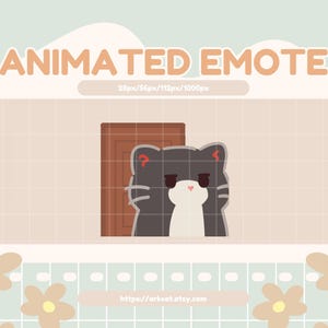 May include: Animated emote of a black and white cat peeking out from behind a brown door. The cat has a question mark above its head and a surprised expression.