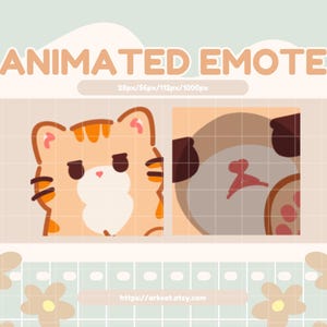 Op de afbeelding: Geanimeerde emote van een oranje cartoonkat met gesloten ogen en een kleine witte neus. De kat kijkt naar rechts. De emote is beschikbaar in de maten 28px, 56px, 112px en 1000px.