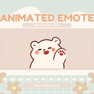 May include: Animated emote of a white bear with pink cheeks waving with its right paw. The bear has a happy expression with its mouth open and tongue sticking out. The background is a light brown grid.