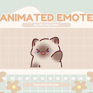 May include: Animated emote of a brown and white cat with a surprised expression, with blue teardrop shapes on its cheeks and its mouth open in a surprised expression. The cat is waving its right paw.