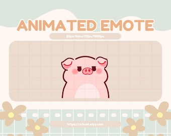 May include: Animated emote of a pink pig with a grumpy expression. The pig has small, closed eyes and a slightly open mouth. The emote is set against a light brown background with a grid pattern.