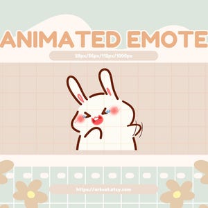 以下が含まれることがあります： 怒っている表情をした白いウサギのアニメーションエモート。ピンクの頬と赤い口をしています。右の足を上げています。背景は薄い茶色の格子模様です。