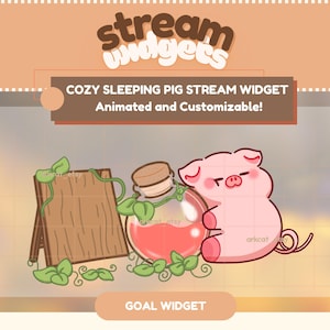 Puede incluir: Gráfico digital con un cerdo rosa, un letrero de madera y una botella de poción. El texto dice "COZY SLEEPING PIG STREAM WIDGET Animated and Customizable!" y "GOAL WIDGET". Estilo de dibujos animados.