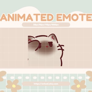 Puede incluir: Gráfico de emote animado con un gato de dibujos animados con una expresión neutral. El gato está dibujado en un estilo minimalista con contornos y sombreado marrón. El fondo es una cuadrícula beige claro con el texto "ANIMATED EMOTE".